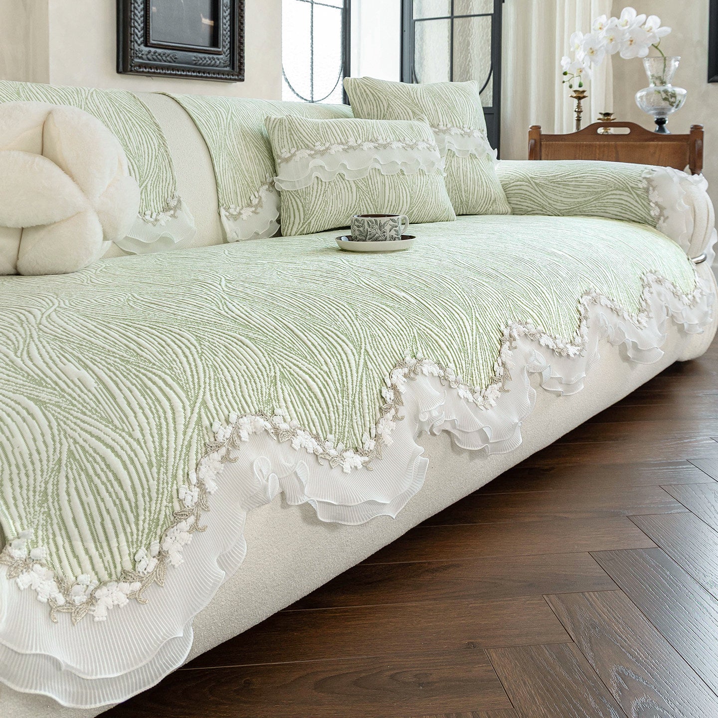 Quilted Ruffle Sofa Cover with Lace Trim