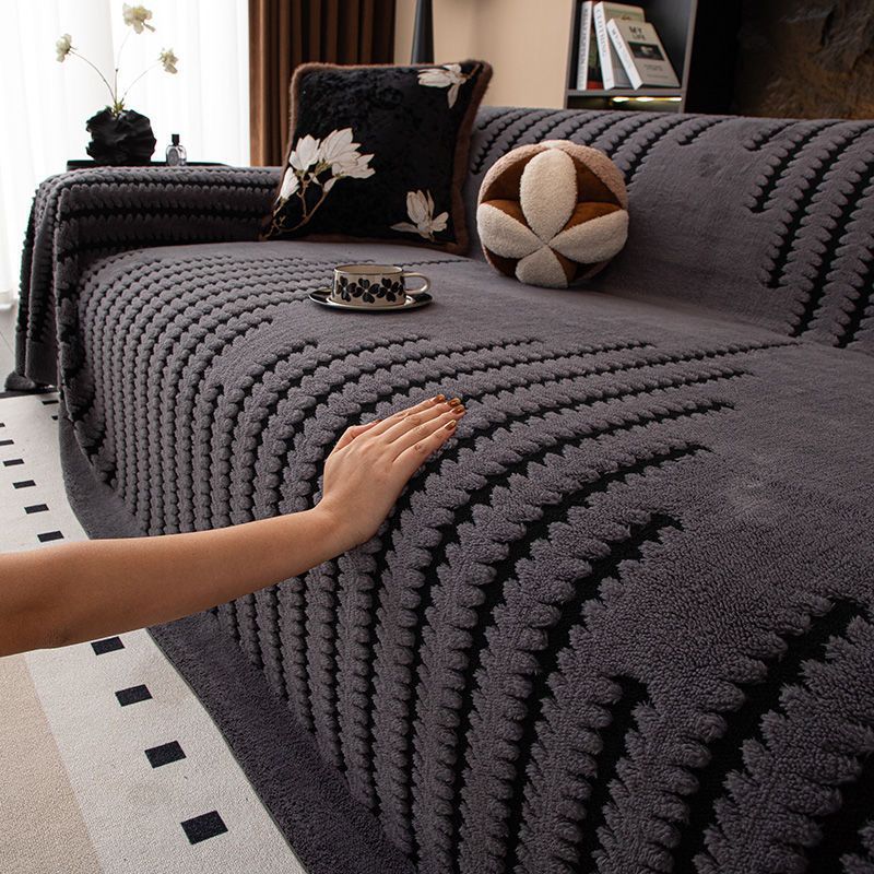 Plush Geometric Sofa Cover with Fringes