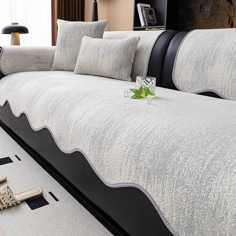 Scalloped Edge Sofa Cover Polyester Woven Texture