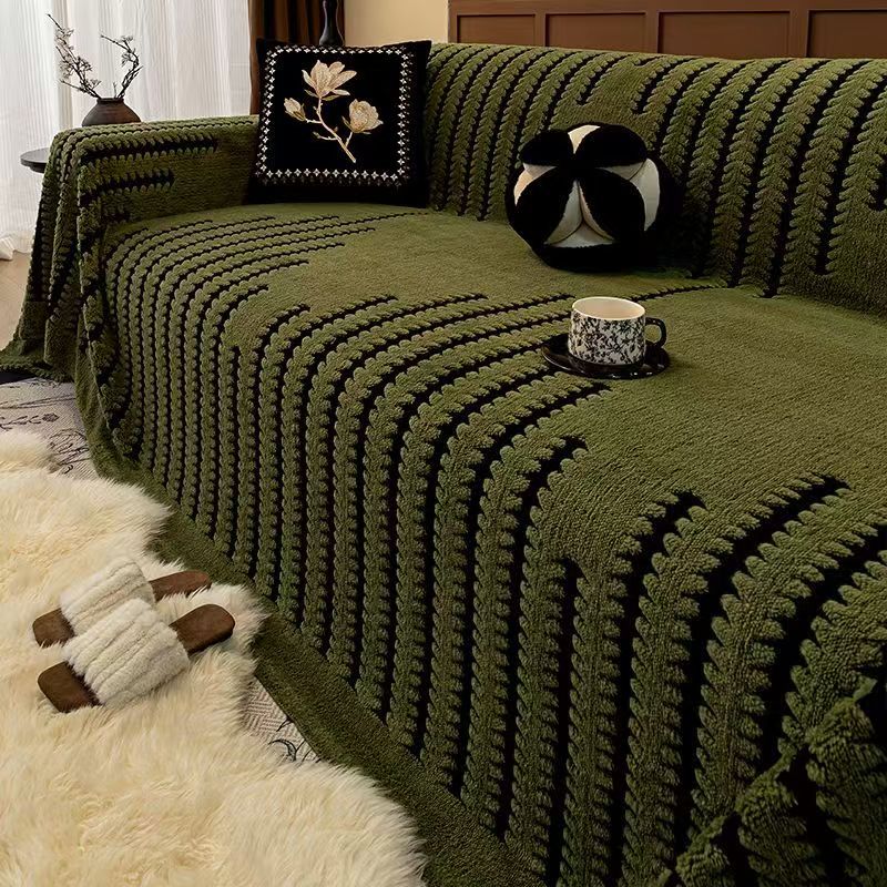 Plush Geometric Sofa Cover with Fringes