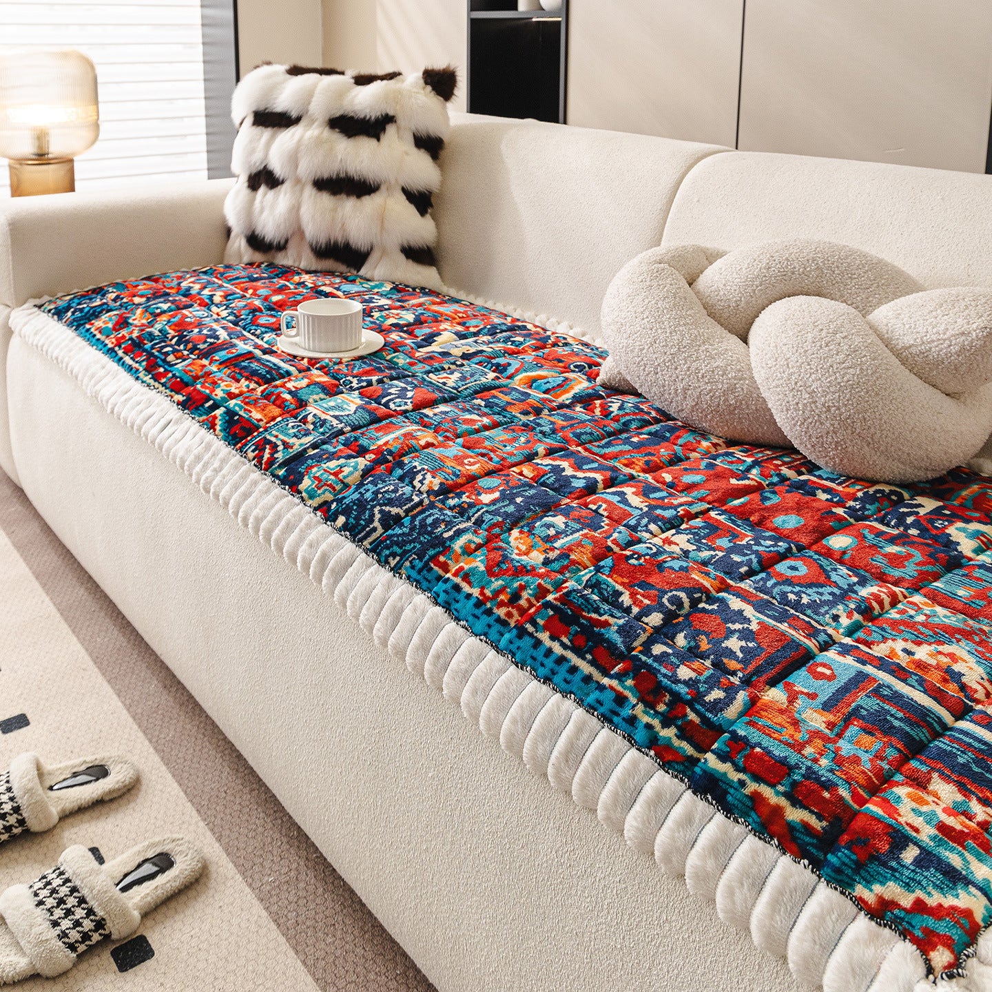 Milk Velvet Sofa Cover with Fringes