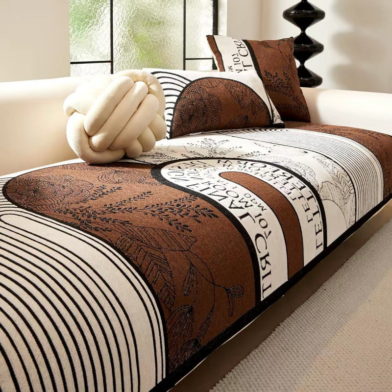 Chenille Sofa Cover with Letter Print and Stripe