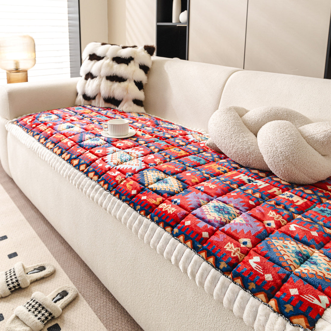 Milk Velvet Sofa Cover with Fringes
