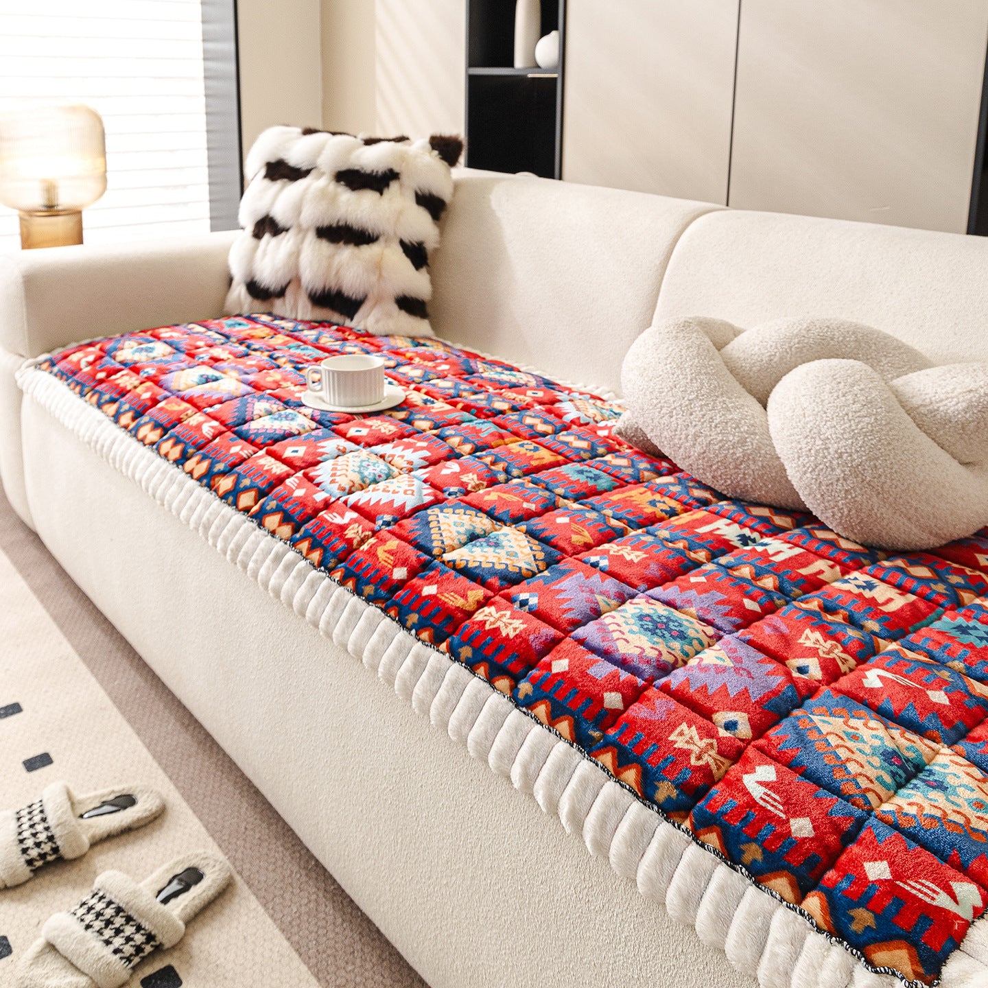 Milk Velvet Sofa Cover with Fringes