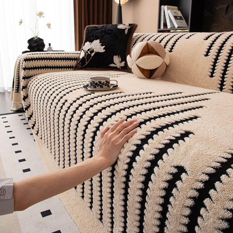 Plush Geometric Sofa Cover with Fringes