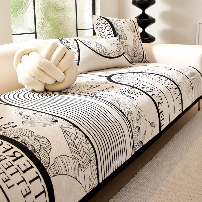 Chenille Sofa Cover with Letter Print and Stripe