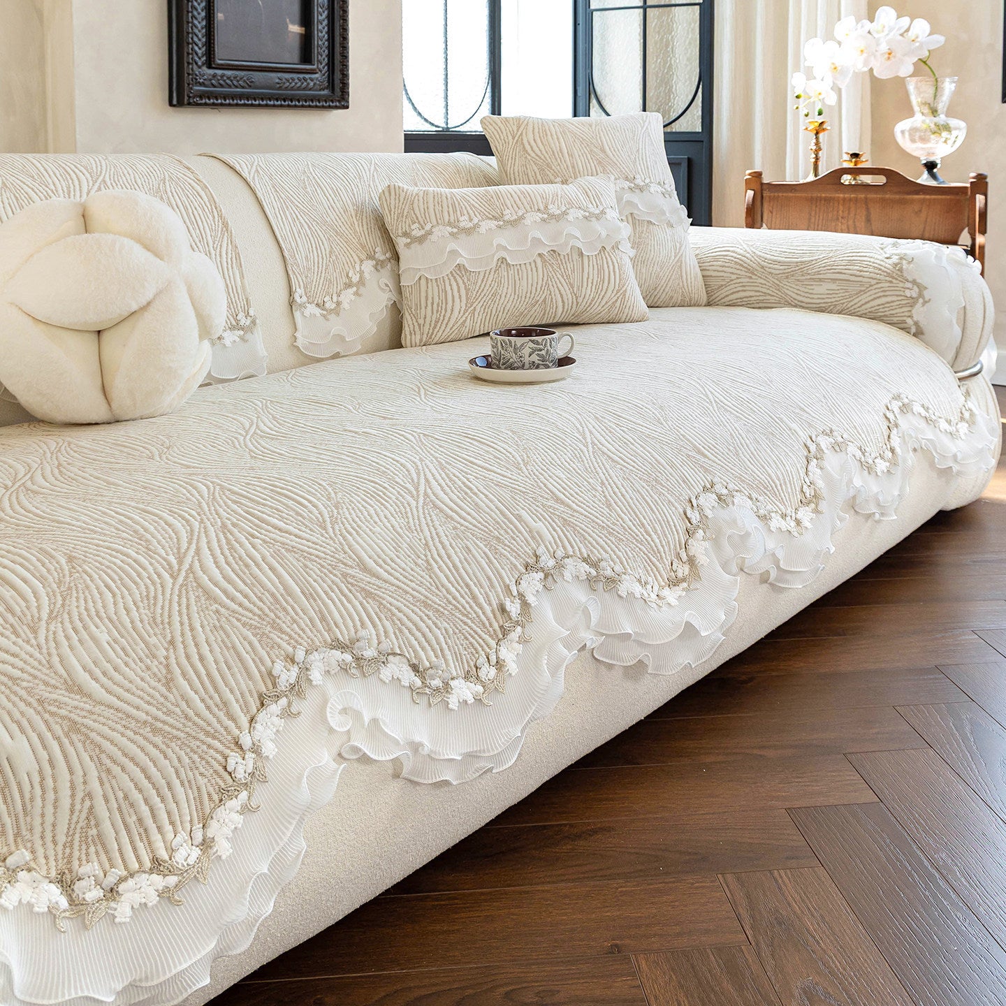 Quilted Ruffle Sofa Cover with Lace Trim