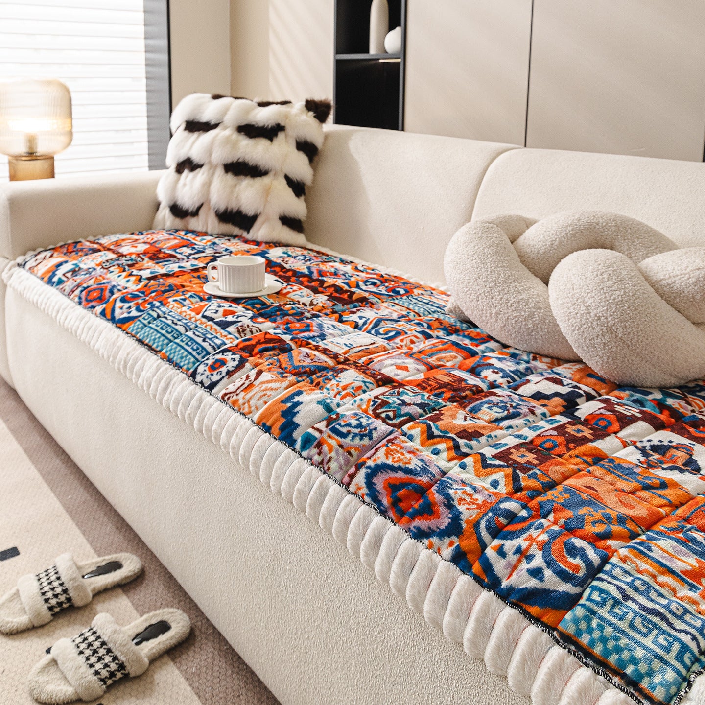 Milk Velvet Sofa Cover with Fringes