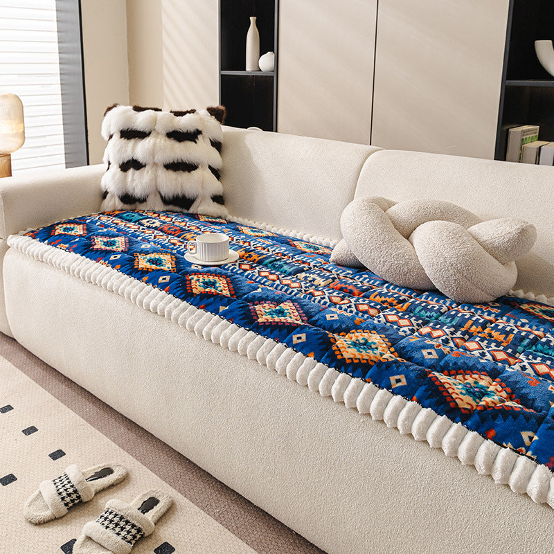 Milk Velvet Sofa Cover with Fringes