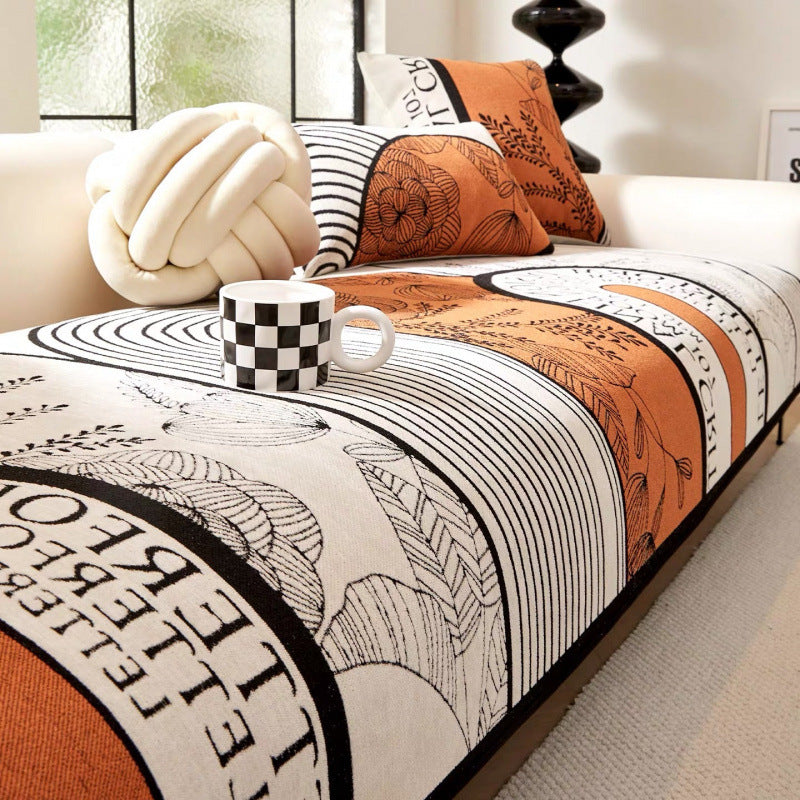 Chenille Sofa Cover with Letter Print and Stripe