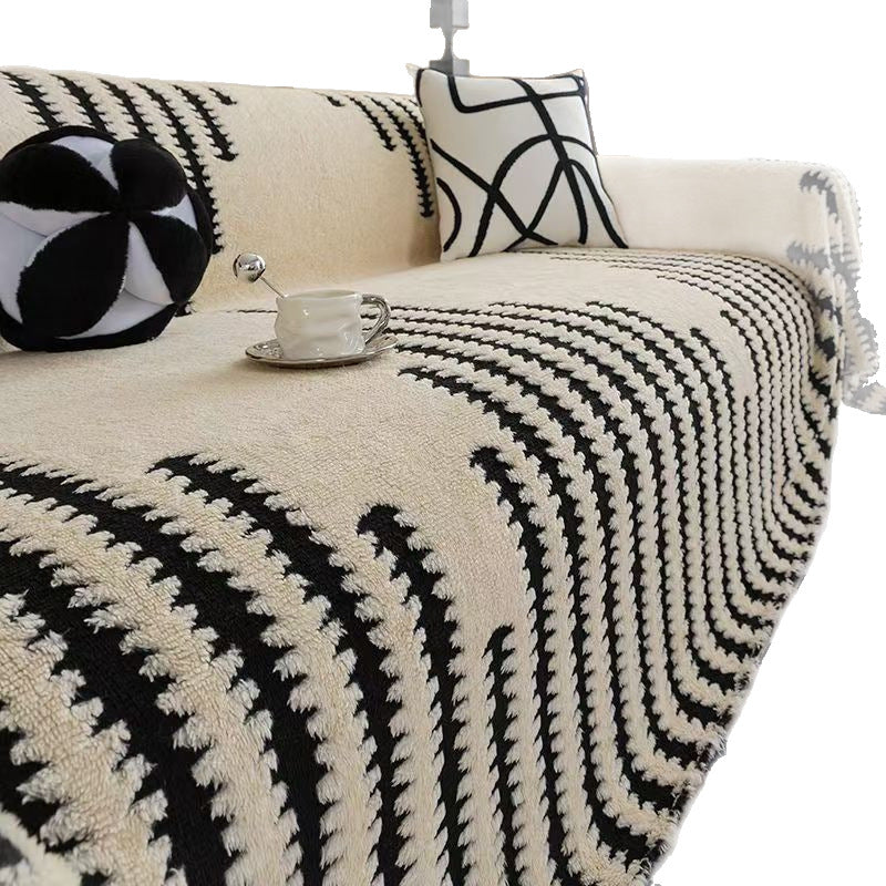 Plush Geometric Sofa Cover with Fringes