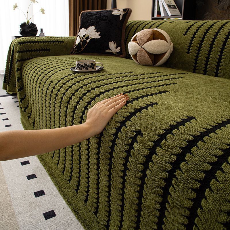 Plush Geometric Sofa Cover with Fringes