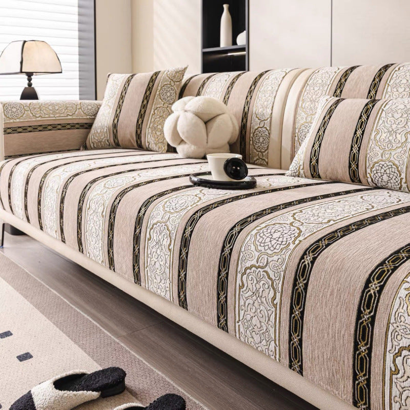 Chenille Striped Sofa Cover - Woven Texture