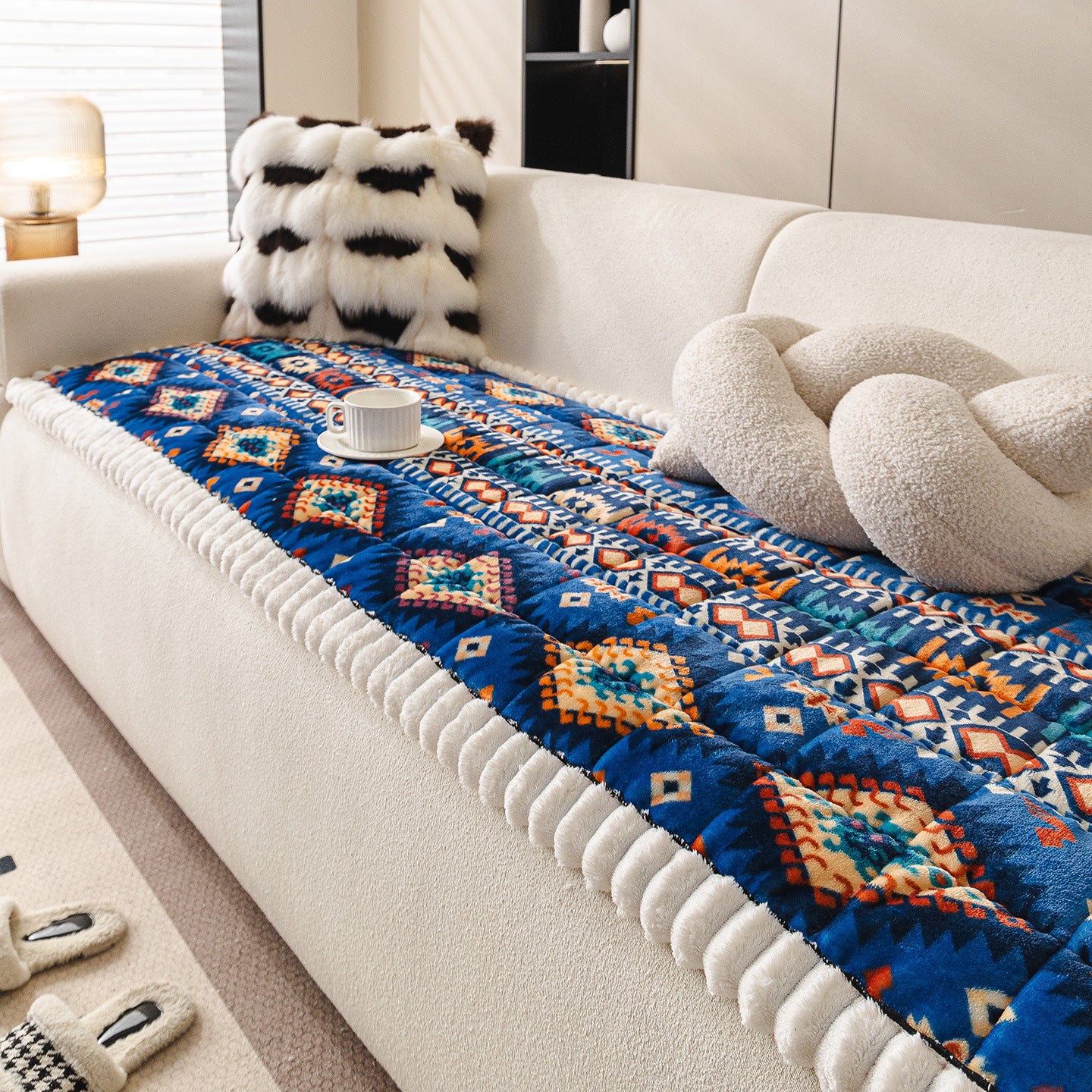 Milk Velvet Sofa Cover with Fringes