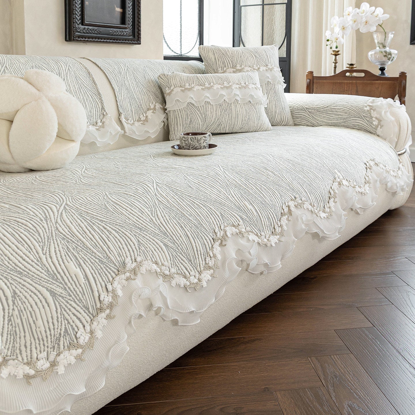Quilted Ruffle Sofa Cover with Lace Trim