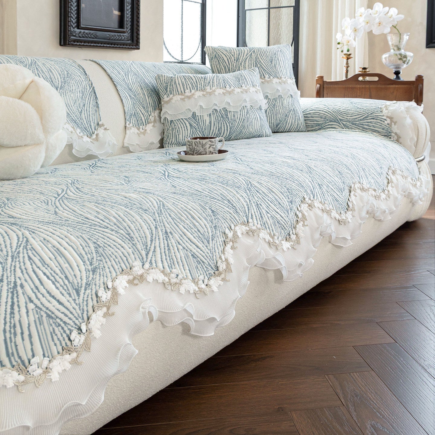 Quilted Ruffle Sofa Cover with Lace Trim