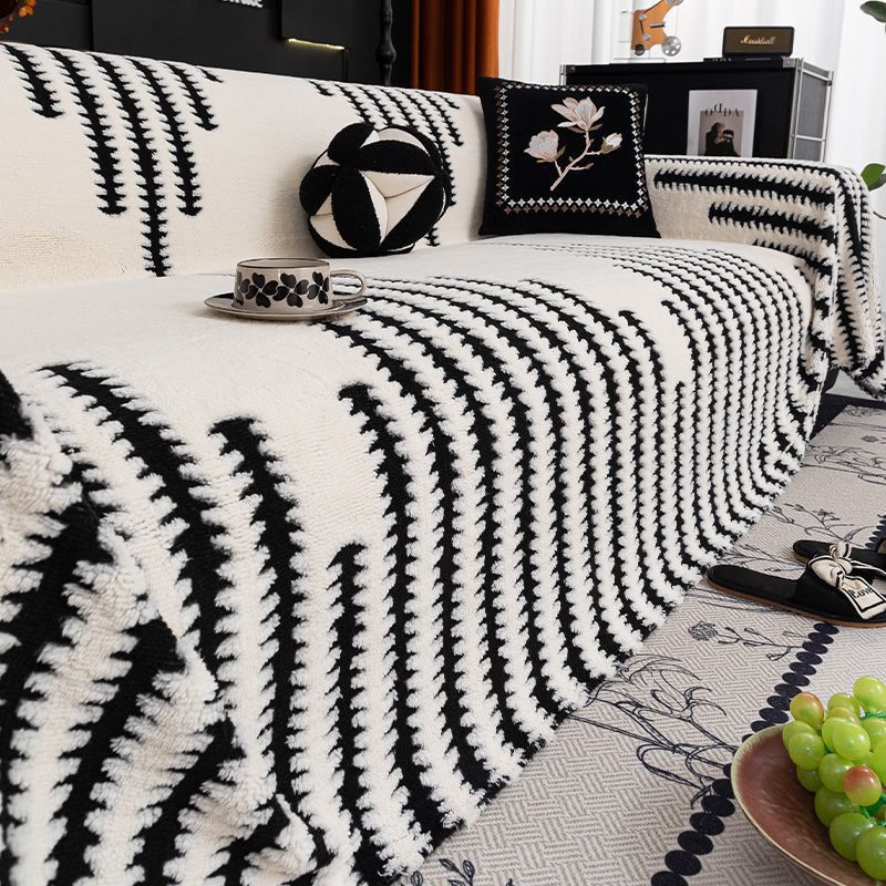 Plush Geometric Sofa Cover with Fringes
